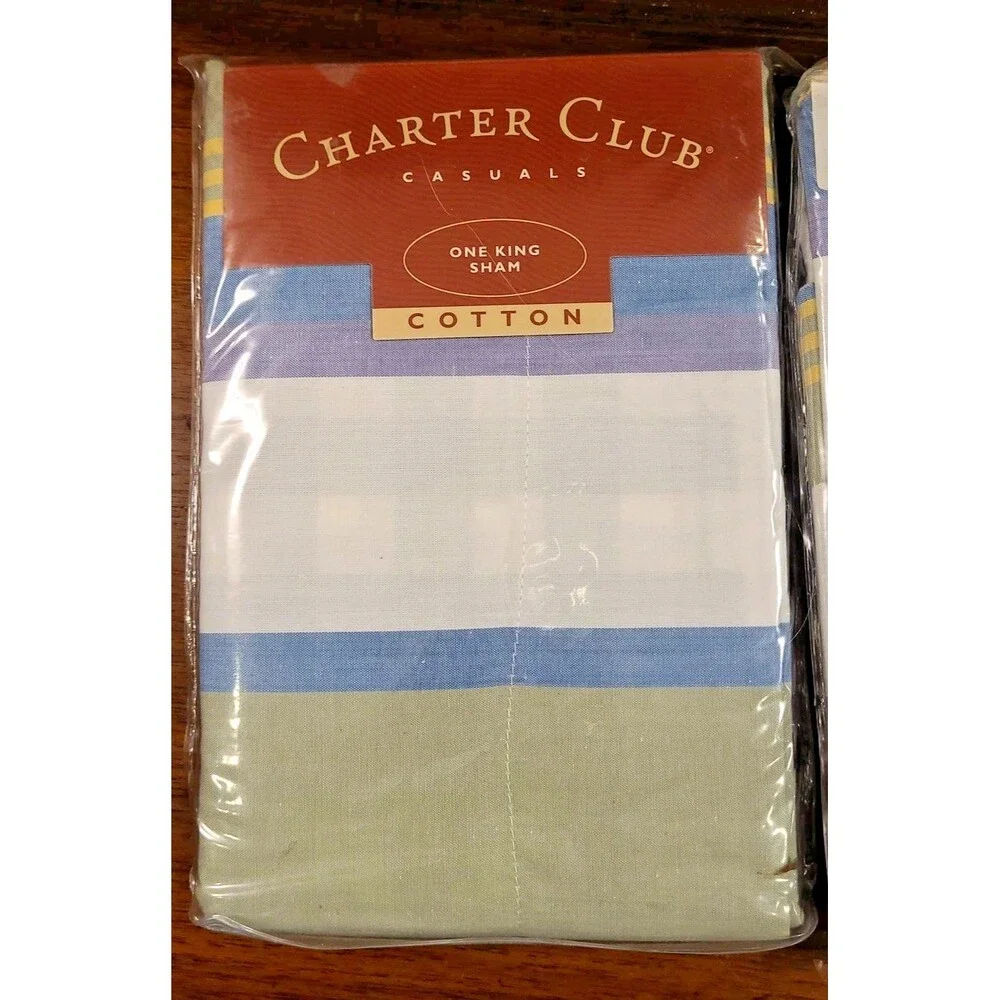 (2) Vtg CHARTER CLUB Casuals King Pillow Sham Stripe Plaid Blue Green Purple NOS